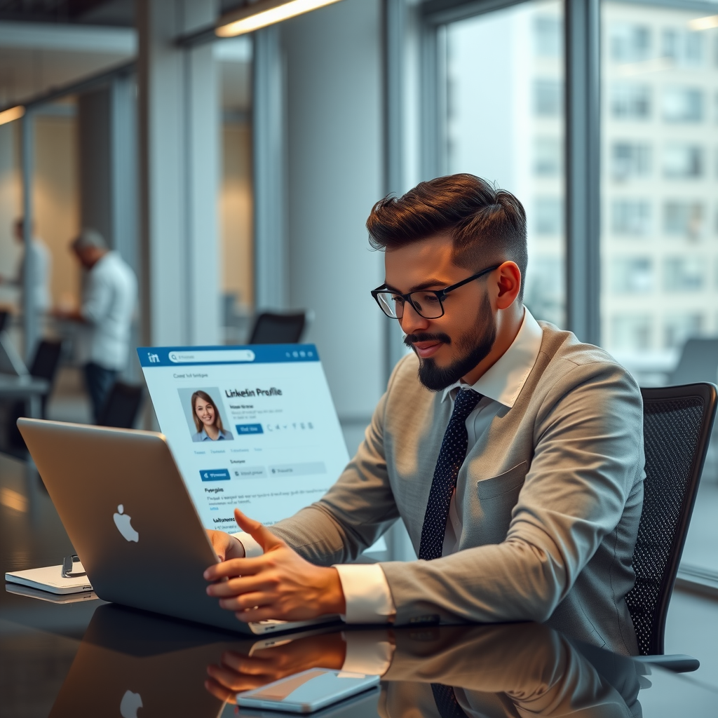 Professional reviewing optimized LinkedIn profile on laptop in modern office environment