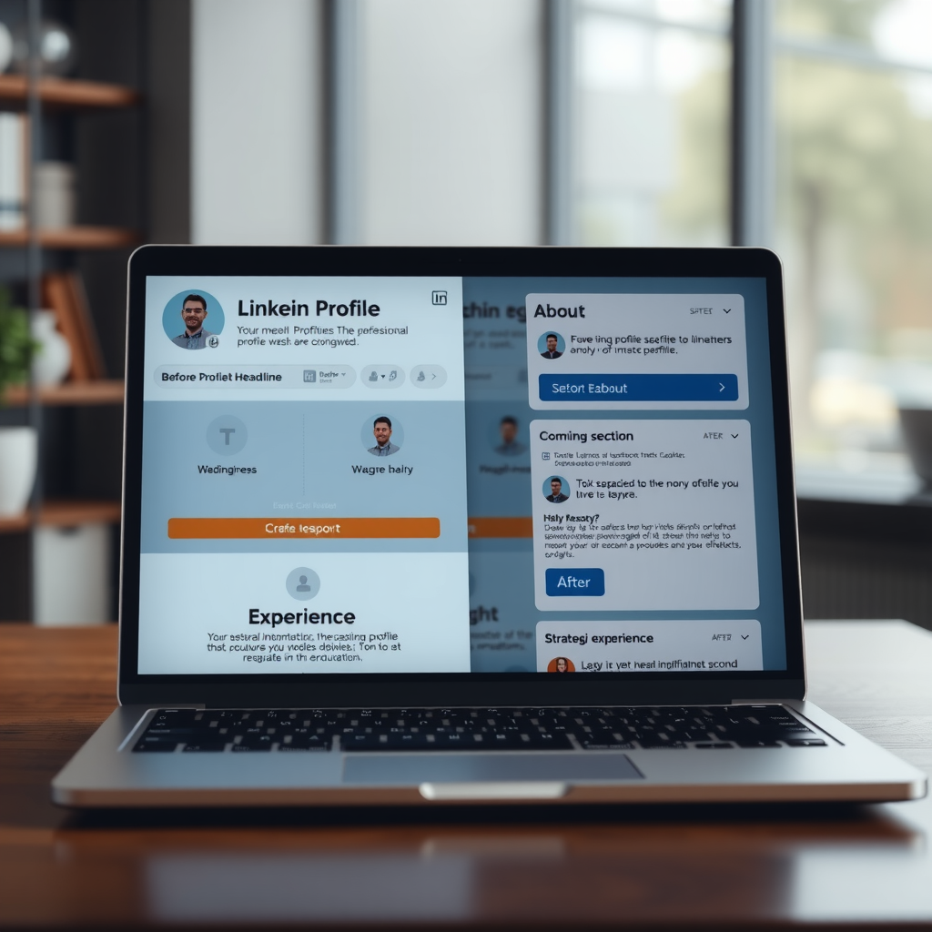 Professional LinkedIn profile transformation showing before and after comparison with optimized headline, compelling about section, and strategic experience highlights on a modern laptop screen