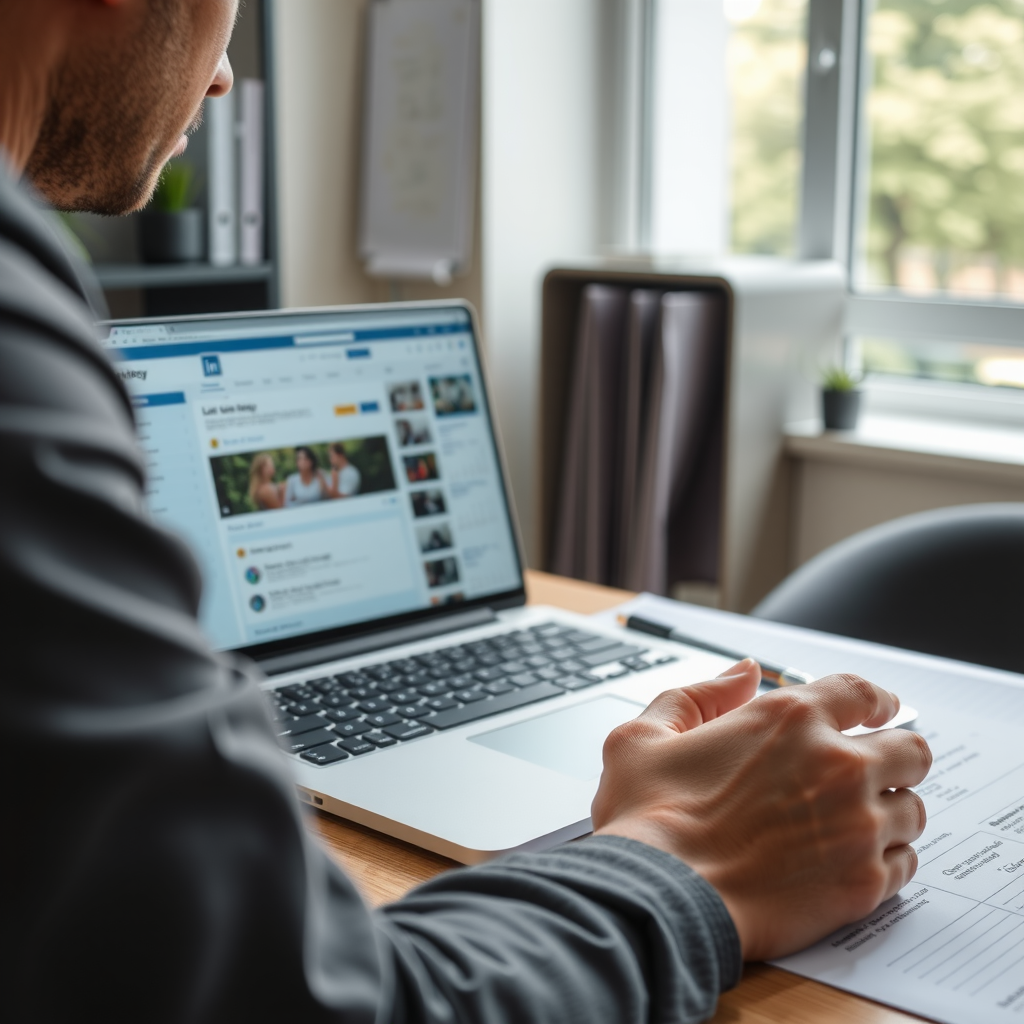 Professional creating content strategy on laptop with LinkedIn interface visible on screen, calendar and planning documents on desk, modern office environment, bright natural lighting