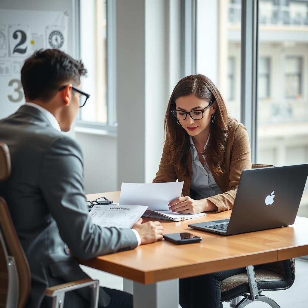 Professional branding consultant working one-on-one with a client at a modern desk, reviewing LinkedIn profile strategy documents and brand positioning materials on a laptop screen, bright natural lighting from large windows, contemporary office setting with clean minimalist design