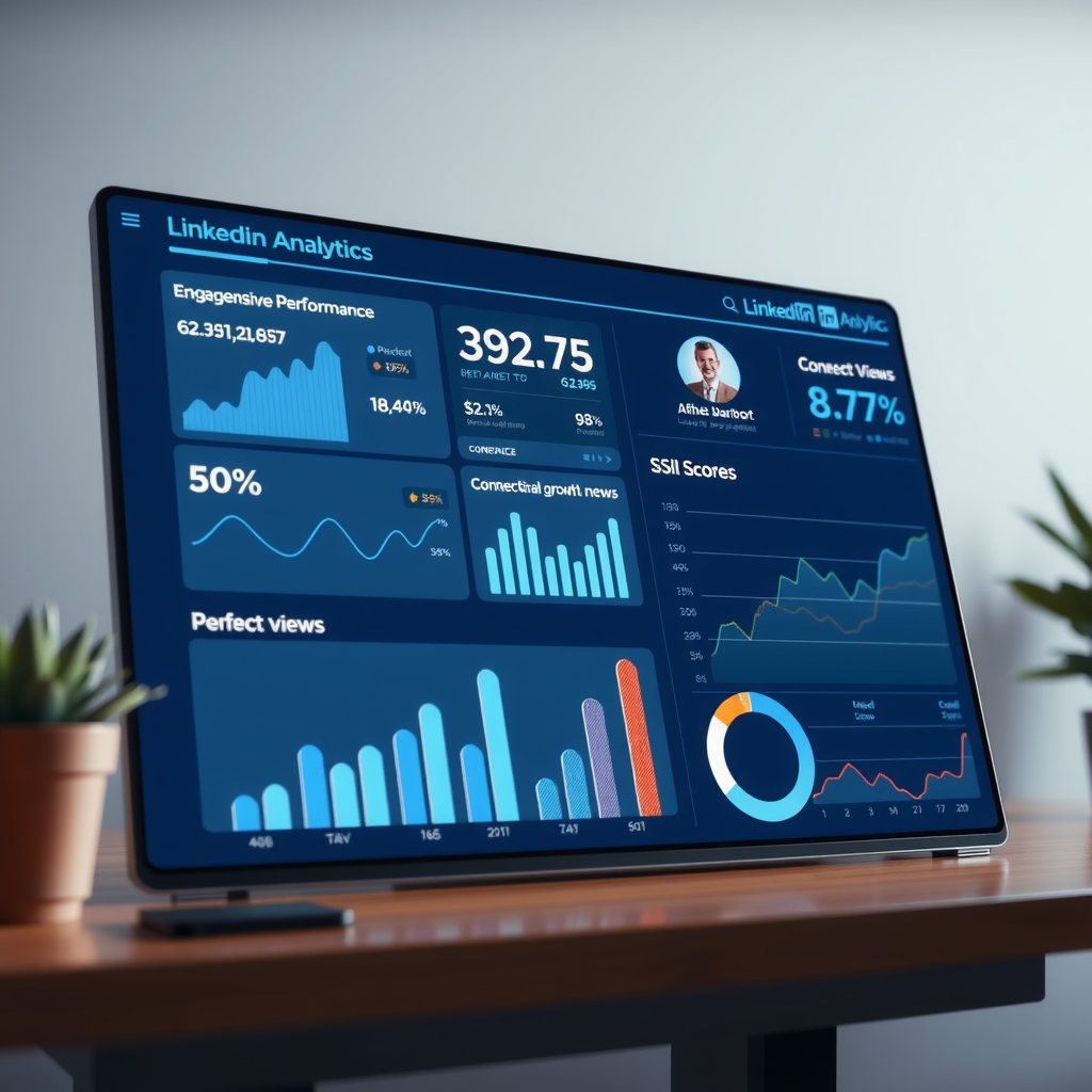 Professional LinkedIn analytics dashboard displaying comprehensive performance metrics, engagement statistics, profile views graphs, connection growth charts, and SSI score tracking on a modern blue and white interface