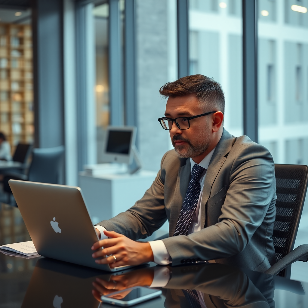 Professional executive in modern office setting working on laptop with LinkedIn profile displayed, representing executive presence and digital leadership