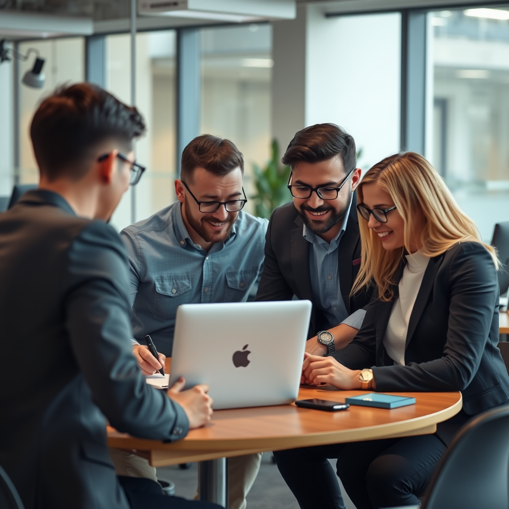 Team of LinkedIn optimization experts collaborating on client strategy in modern professional workspace