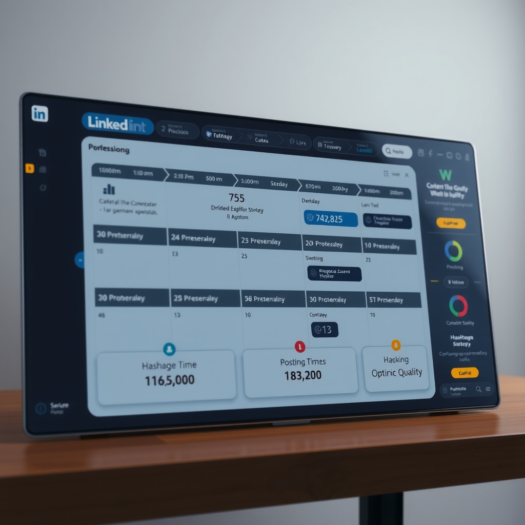 Strategic content calendar and planning dashboard displaying 30-day LinkedIn posting schedule with engagement metrics, optimal posting times, and hashtag strategy recommendations on a modern interface