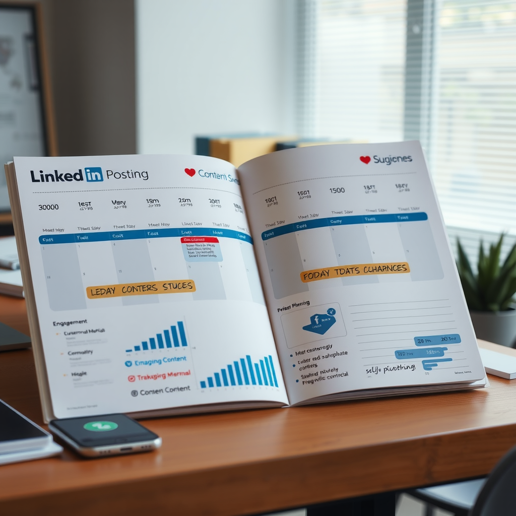 Content calendar spread showing 30-day LinkedIn posting schedule with color-coded content types, engagement metrics graphs, and strategic planning notes, professional workspace setting