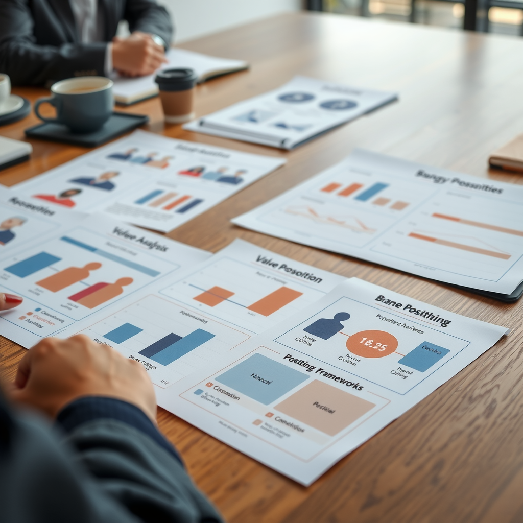 Close-up of brand positioning workshop materials including competitive analysis charts, target audience personas, value proposition frameworks, and strategic positioning maps spread across a conference table, professional business setting with notebooks and coffee cups