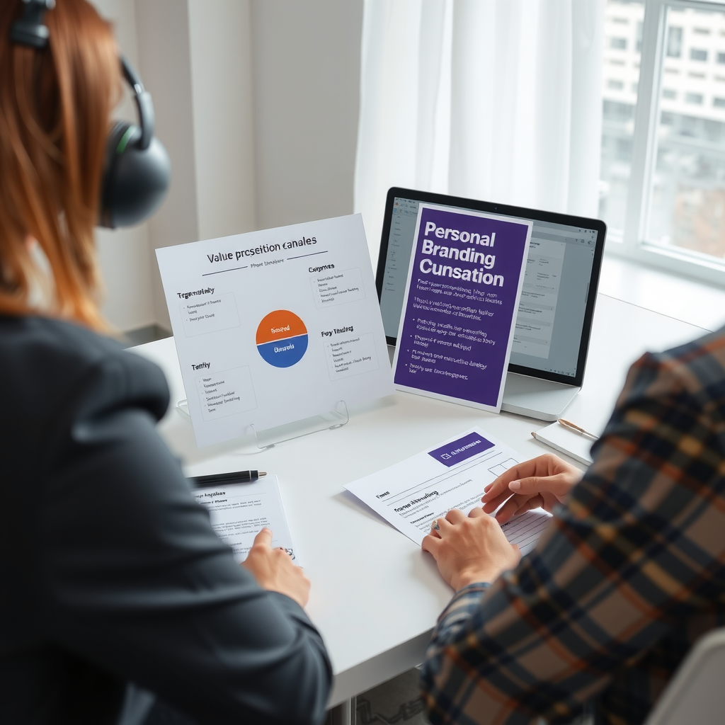 Professional consultation session showing personal branding workshop materials including value proposition canvas, target audience analysis, and brand positioning strategy documents on a clean modern desk