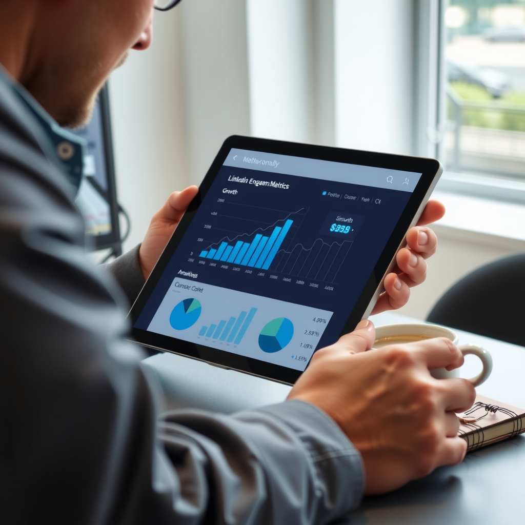Professional analyzing LinkedIn engagement metrics on tablet, showing growth charts and connection analytics, coffee and notebook on desk, modern bright office