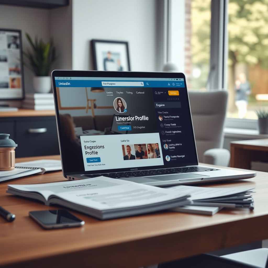 Professional success visualization showing a laptop displaying an optimized LinkedIn profile with strong engagement metrics, surrounded by strategic planning documents, brand guidelines, and content calendar, modern workspace with natural lighting and motivational atmosphere