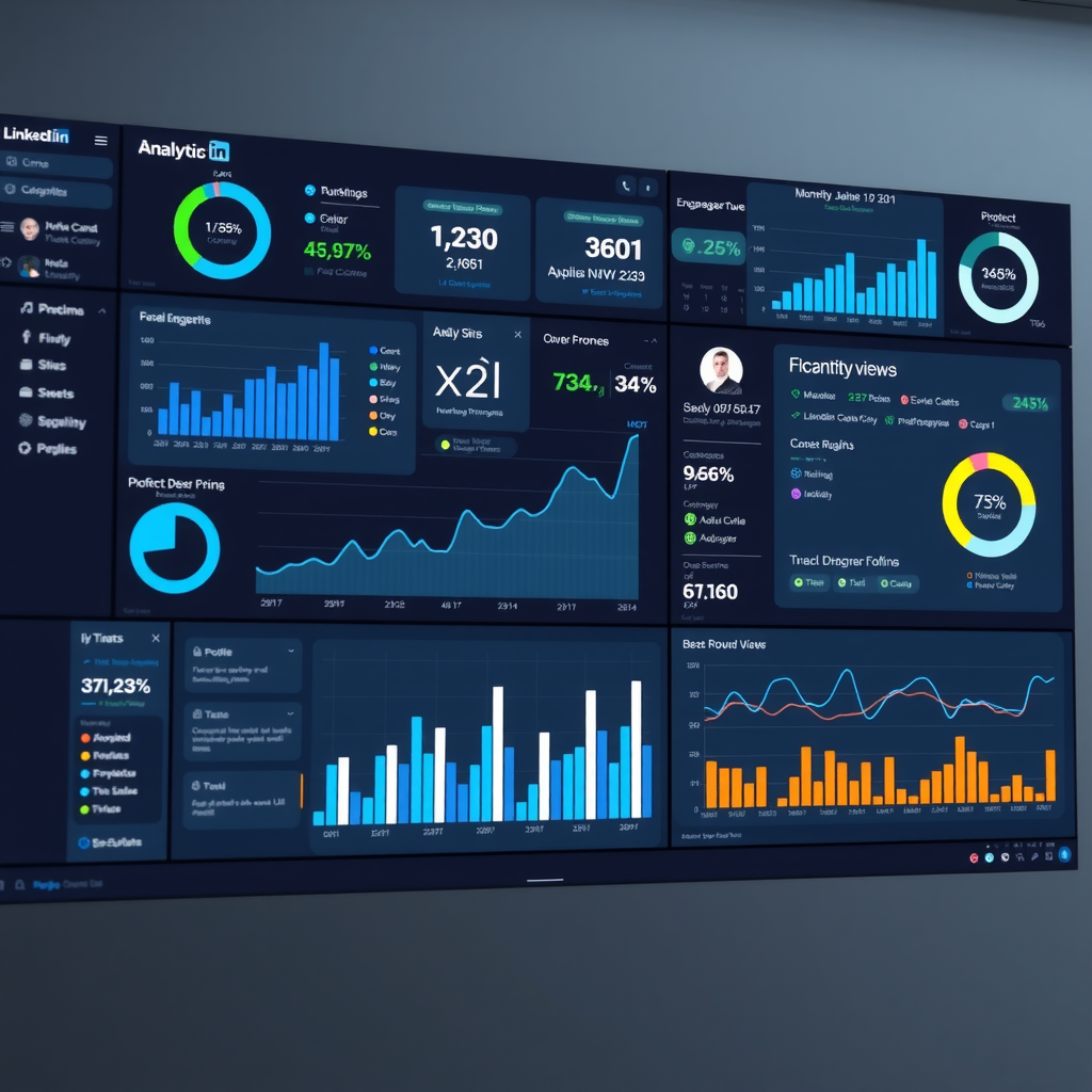 Comprehensive LinkedIn analytics dashboard displaying detailed performance metrics, engagement graphs, profile view statistics, SSI score improvements, and data-driven insights on multiple screens
