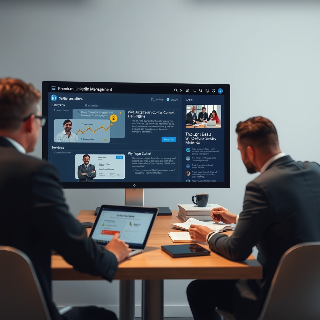 Premium executive LinkedIn management service visualization showing professional ghostwritten content, engagement management interface, and strategic planning session with thought leadership materials for C-level professionals